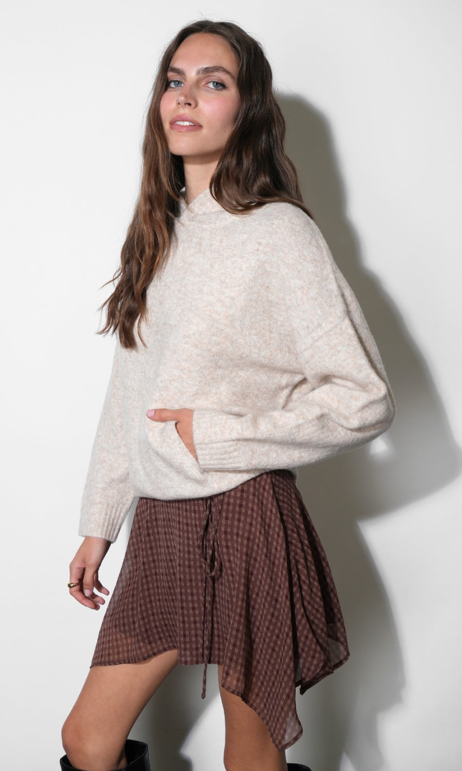 Piper Checked Chiffon Asymmetrical Mini Skirt G2610S9512_MAROON