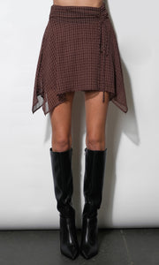 Piper Checked Chiffon Asymmetrical Mini Skirt G2610S9512_MAROON