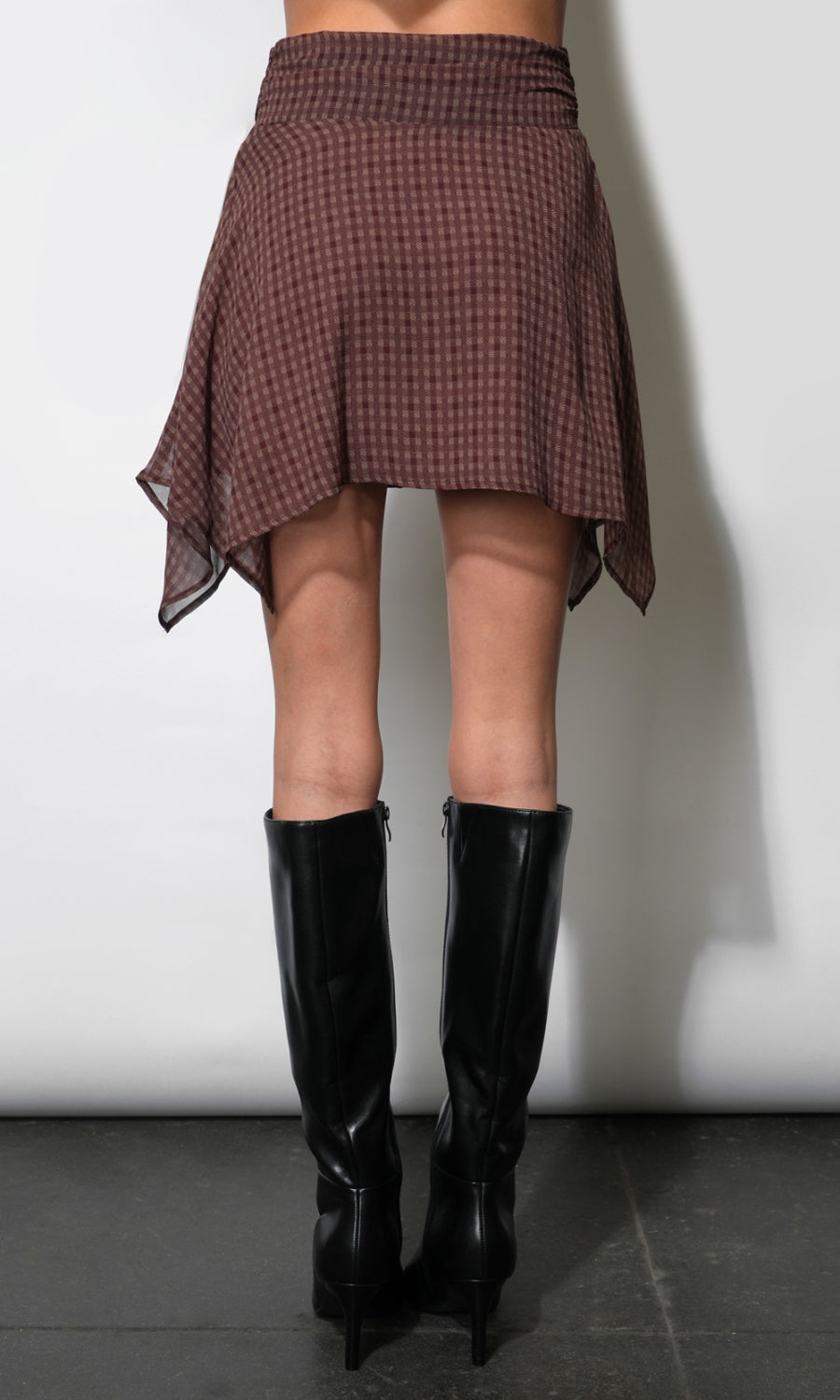 Piper Checked Chiffon Asymmetrical Mini Skirt G2610S9512_MAROON
