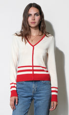 Piper Plunge Neck Stripe Button Front Knit Top G2511WT6158_IVORY/RED