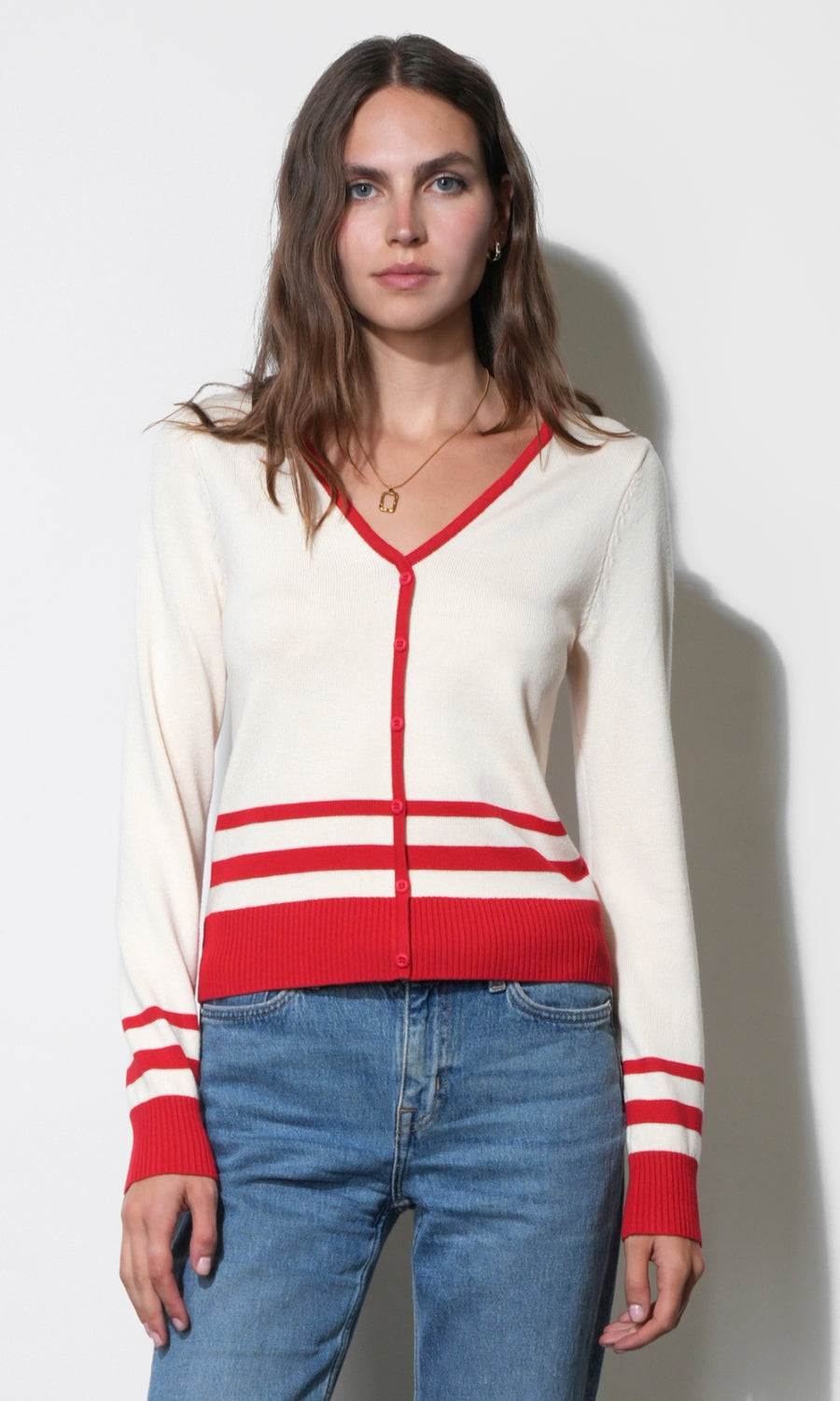 Piper Plunge Neck Stripe Button Front Knit Top G2511WT6158_IVORY/RED