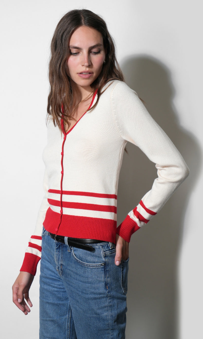 Piper Plunge Neck Stripe Button Front Knit Top G2511WT6158_IVORY/RED