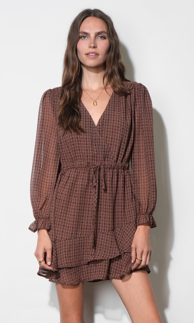 Polly Checked Chiffon Mini Dress With Tie Waist G2610D7367_MAROON