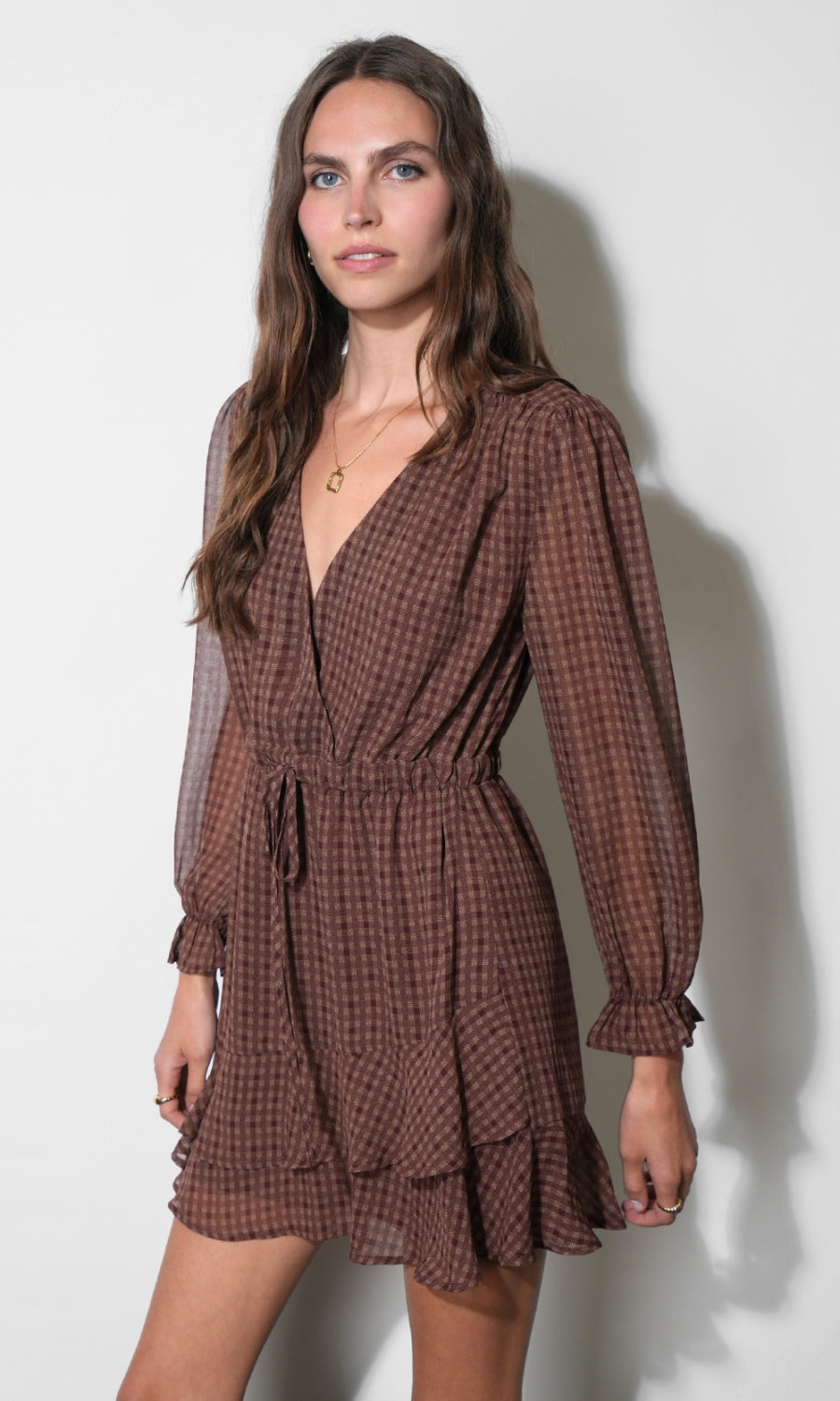 Polly Checked Chiffon Mini Dress With Tie Waist G2610D7367_MAROON