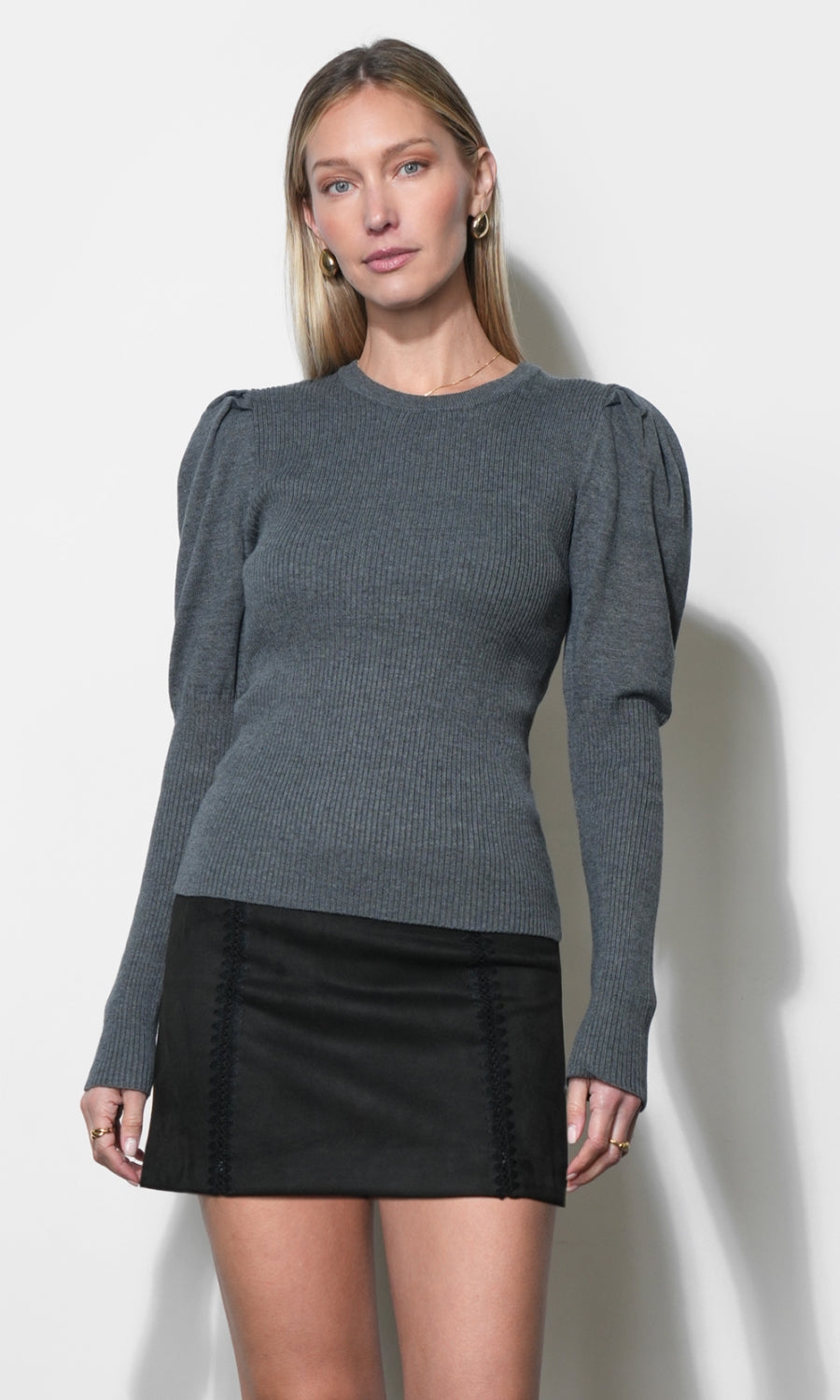 Renoa Puff Sleeve Ribbed Knit Top G258WT5975_CHARCOAL