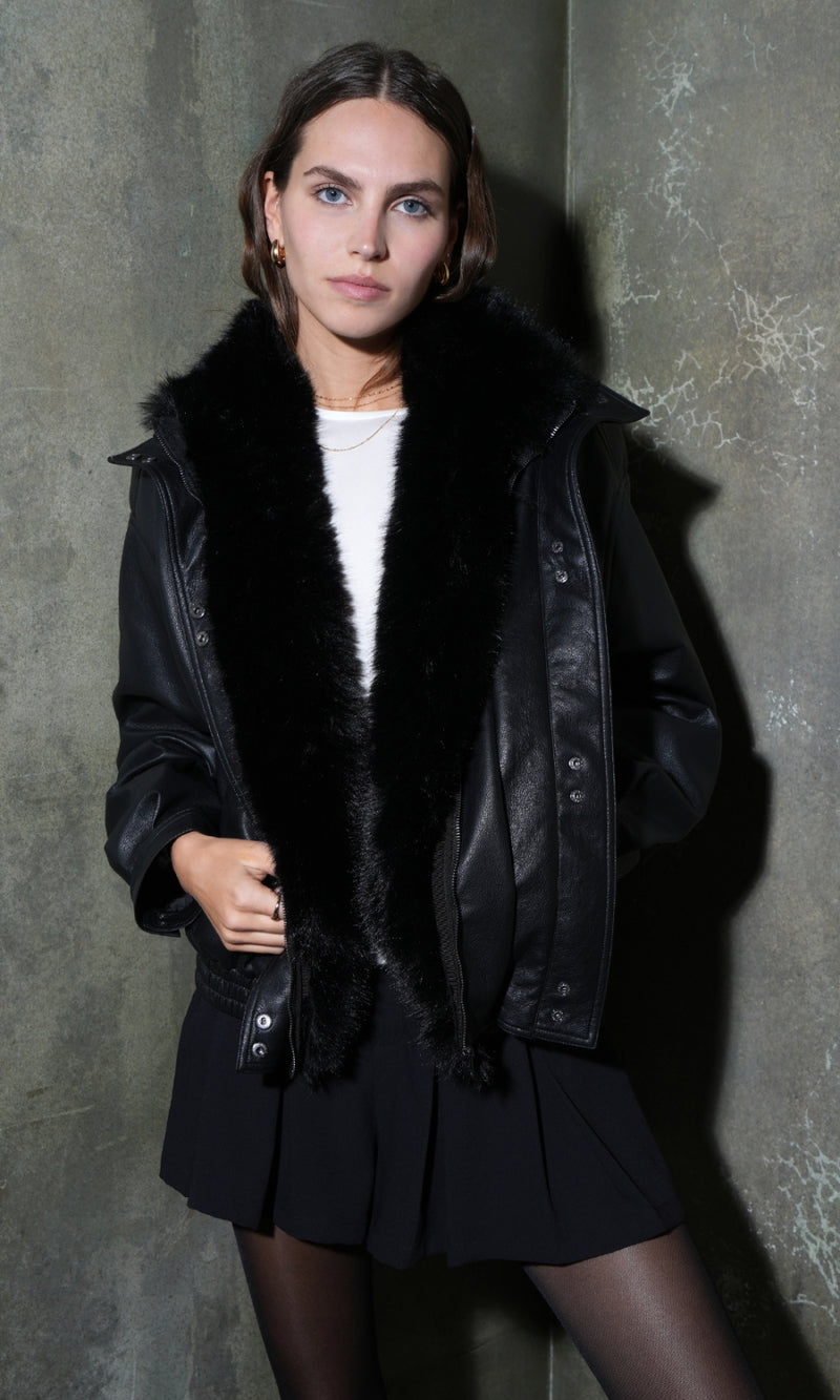 Robyn Double Collared Faux Leather Jacket With Shearling G268J1908_BLACK