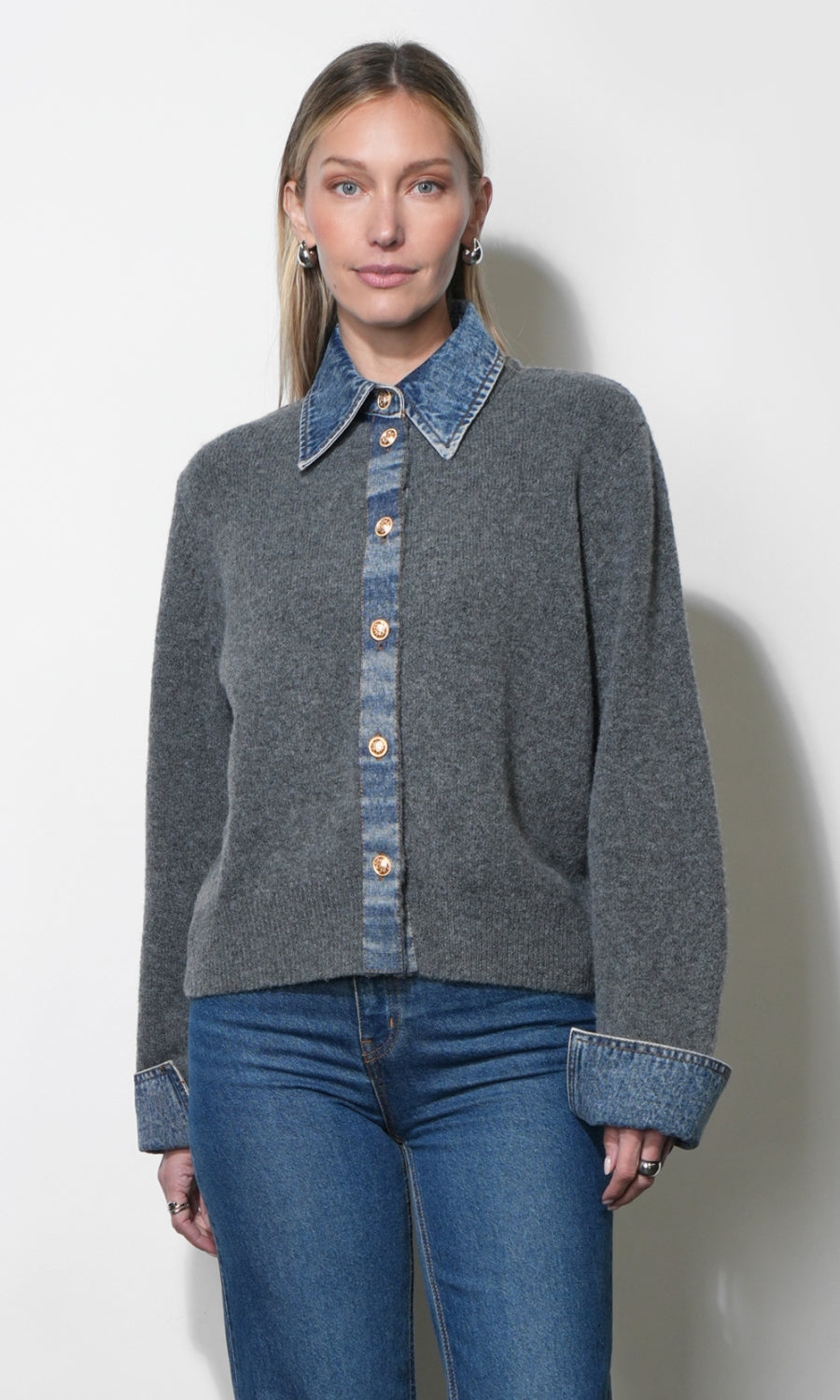 Romi Mixed Media Button Down Sweater G267WT6204_GREY