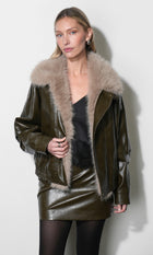 Sable Contrast Fur Faux Leather Jacket G269J1903_DEEP OLIVE