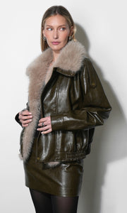 Sable Contrast Fur Faux Leather Jacket G269J1903_DEEP OLIVE