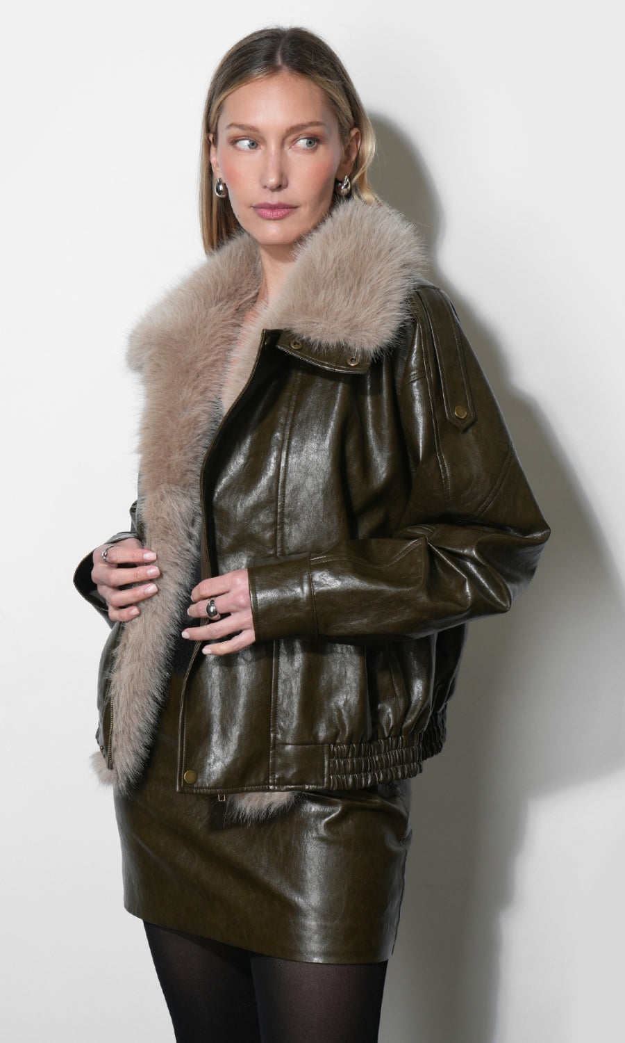 Sable Contrast Fur Faux Leather Jacket G269J1903_DEEP OLIVE