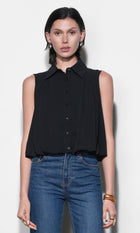 Samantha Sleeveless Button Down Blouse with Bubble Hem G266T7590_BLACK
