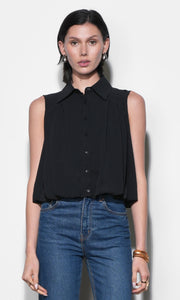Samantha Sleeveless Button Down Blouse with Bubble Hem G266T7590_BLACK