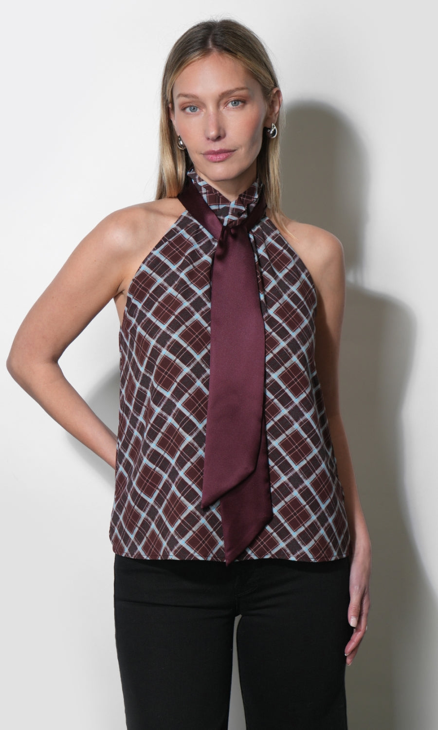 Sasha Halter Neck Plaid Top G268T7623_DARK CHERRY