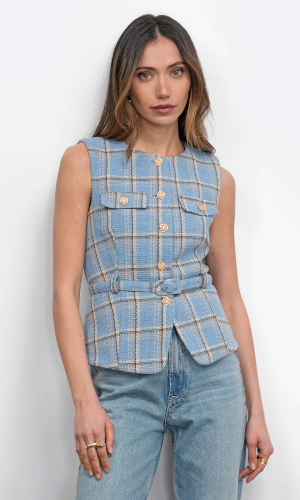 Sloane Belted Plaid Vest | Greylin Collection