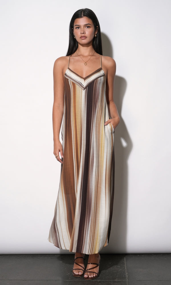 Stella Vertical Watercolor Maxi Dress M / Mustard/Brown