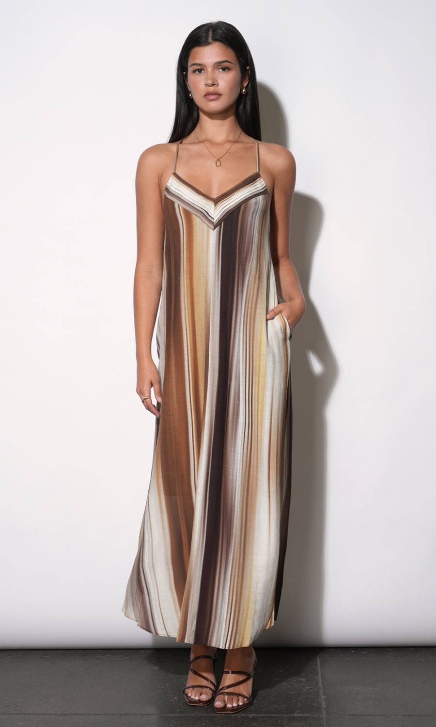 Stella Vertical Watercolor Maxi Dress M / Mustard/Brown