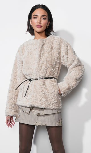 long sleeve dress with fur vest Yuri Collarless Faux Fur Jacket W/ Tie Belt