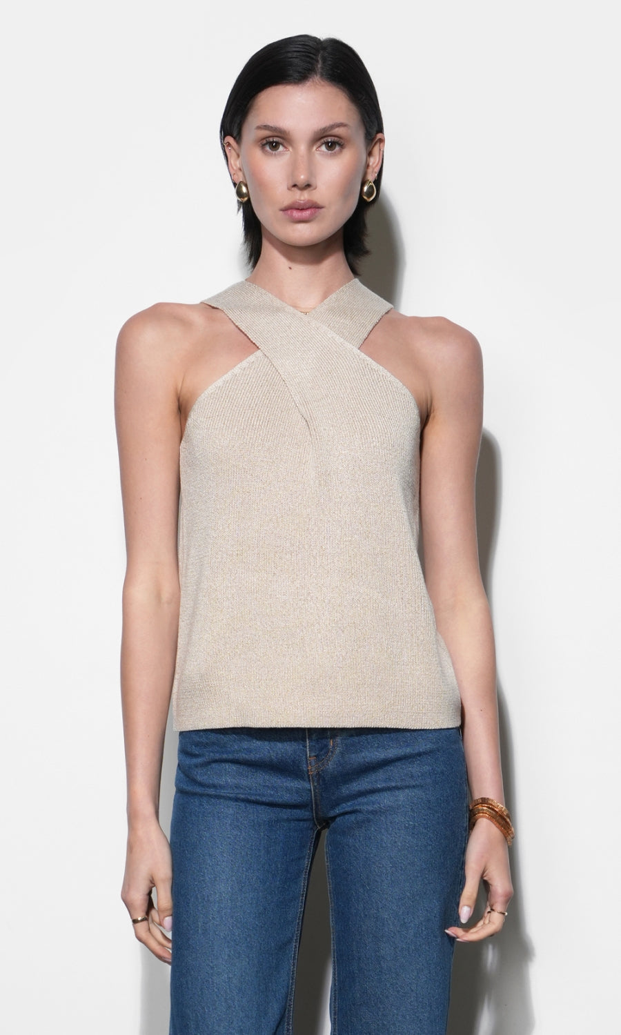 Ingrid Cross Front Halter Knit Top | Greylin