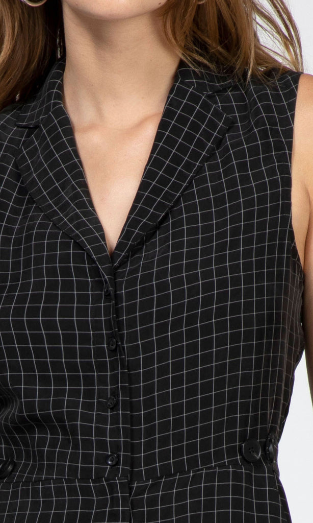 women's black sleeveless button front romper