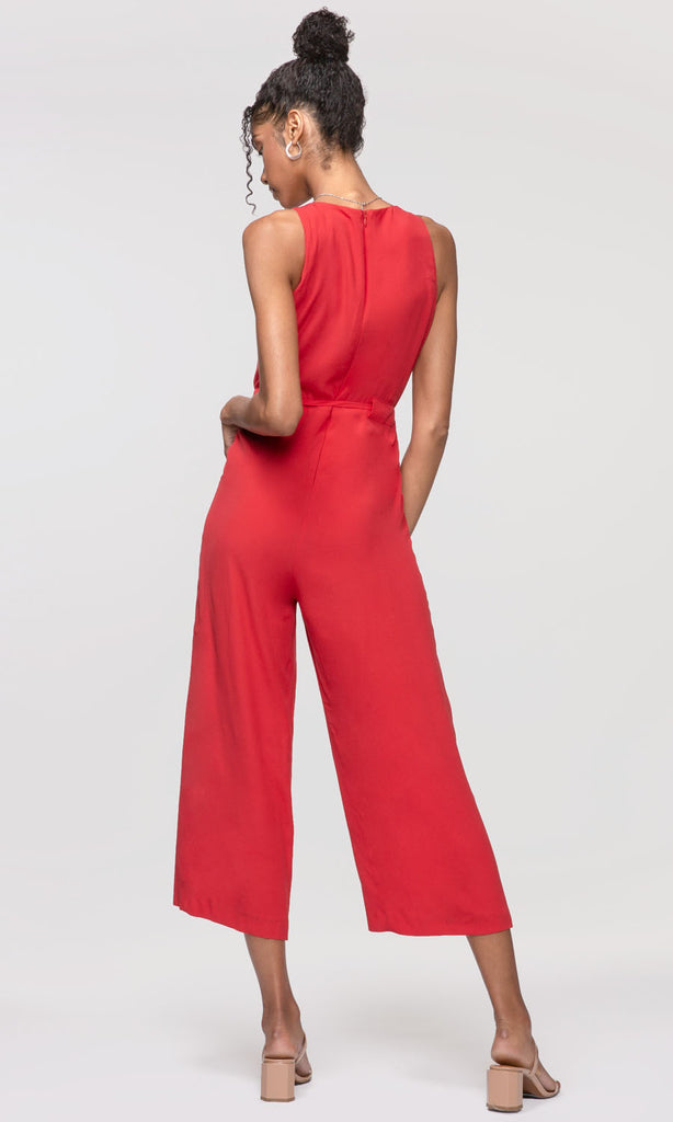 Women's red tie waist jumpsuit