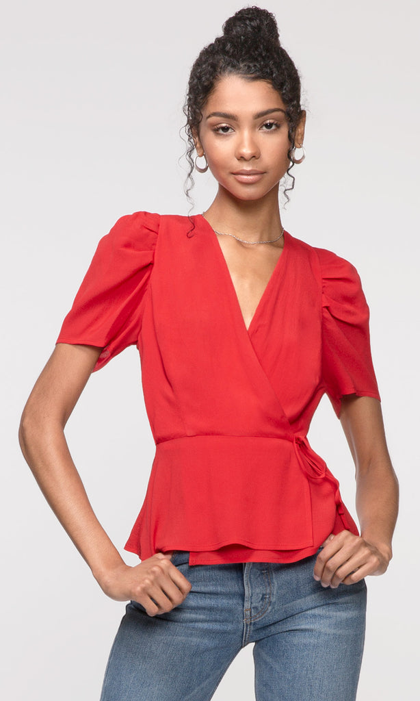 red pouf sleeve wrap top