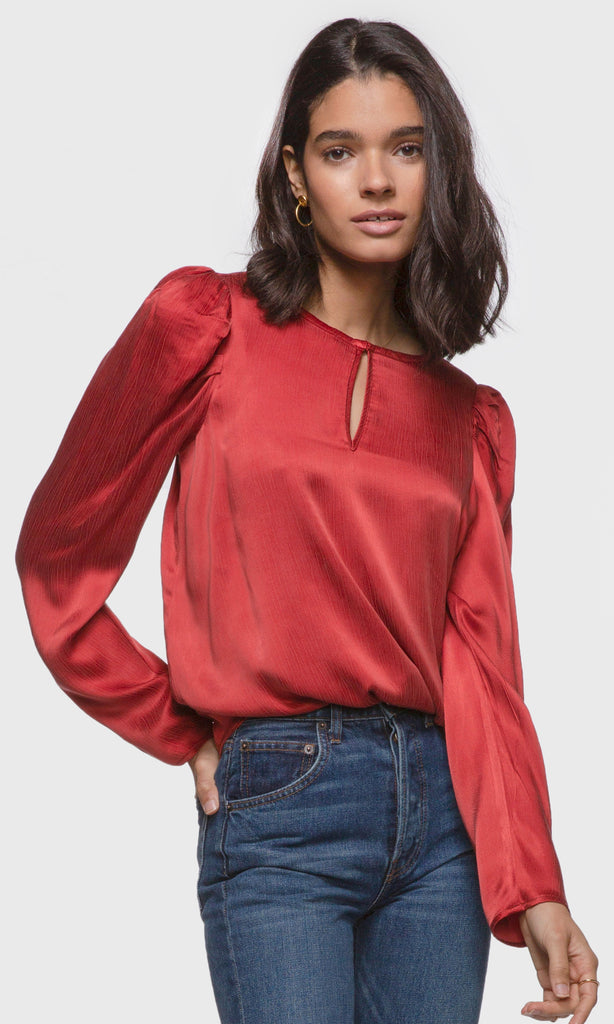 Women's red pouf long sleeve keyhole blouse