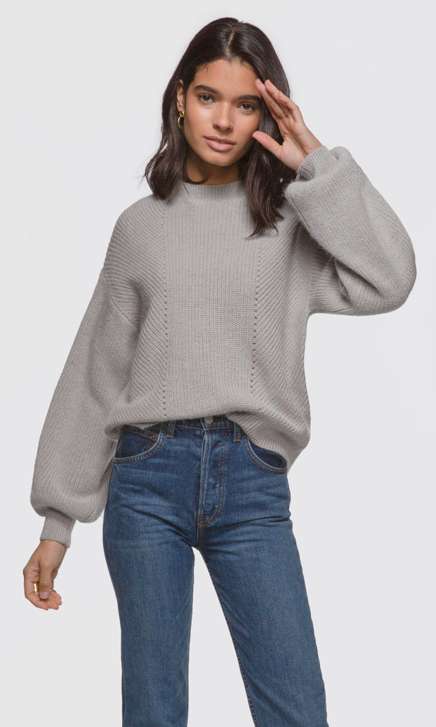 Women's grey balloon sleeve ribbed knit sweater