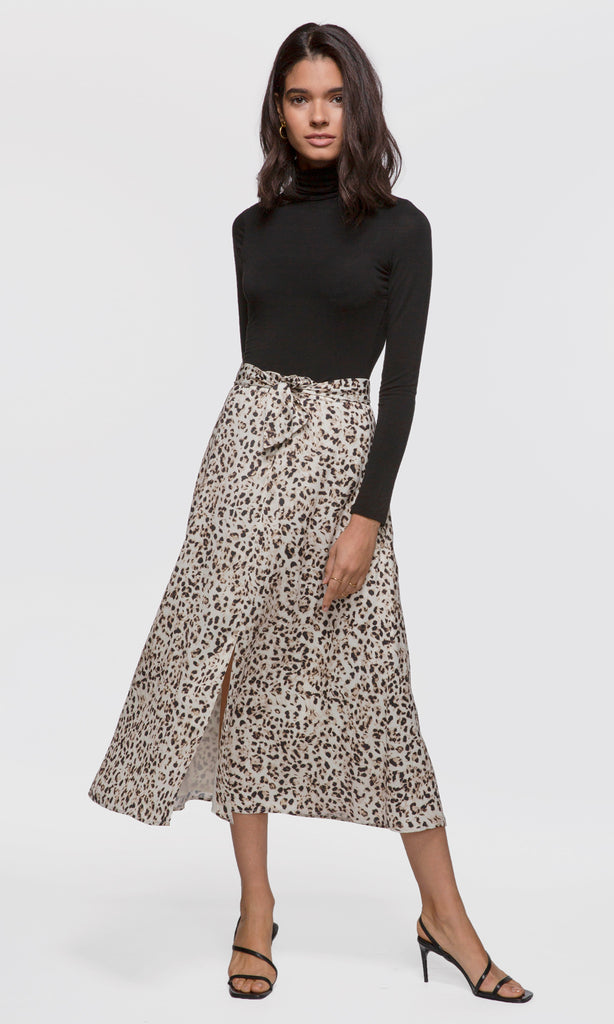 Women's leopard print slit tie waist midi skirt