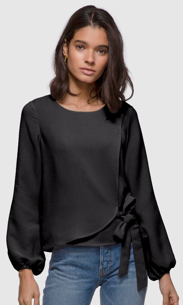 Women's black long sleeve side-tie textured blouse