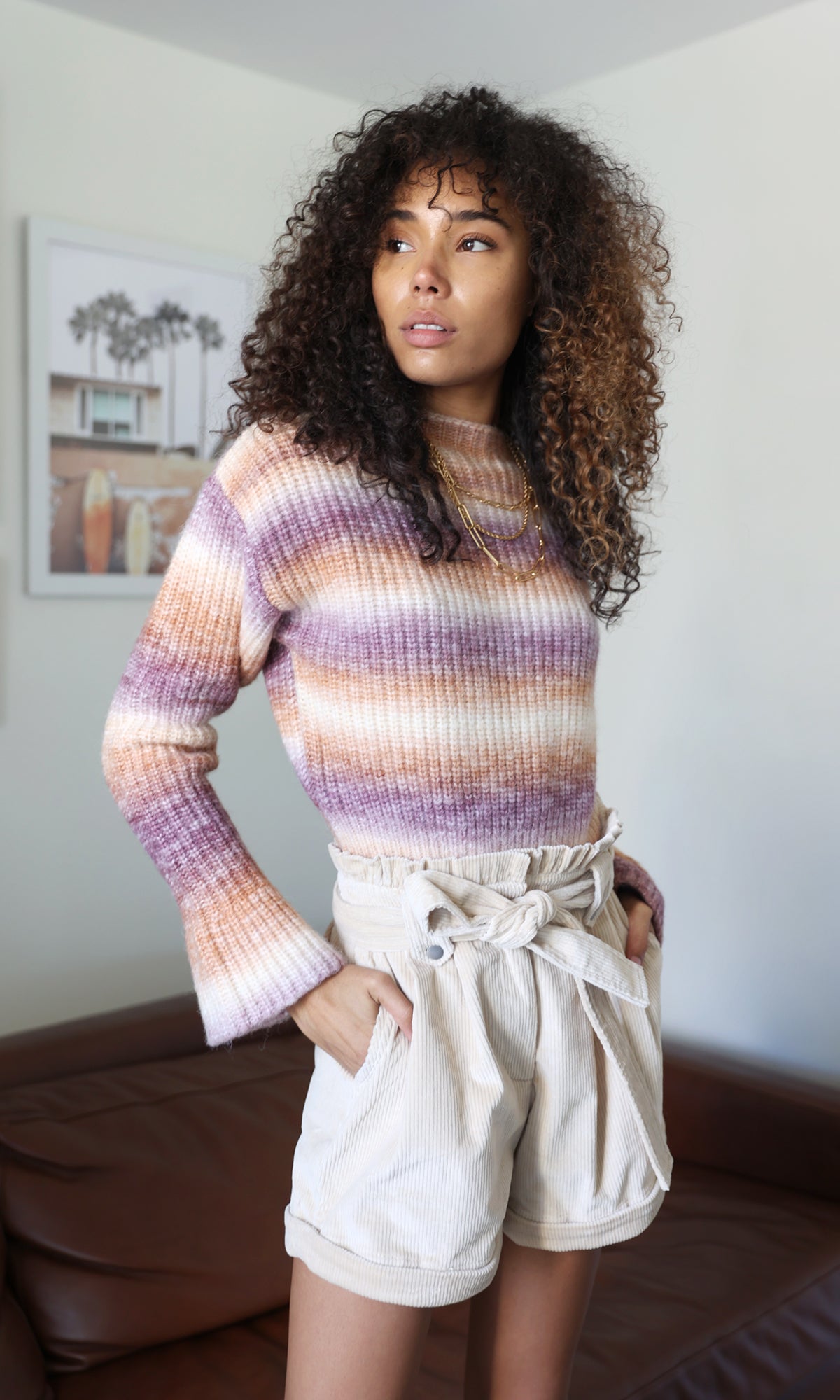 Women in corduroy paperbag shorts