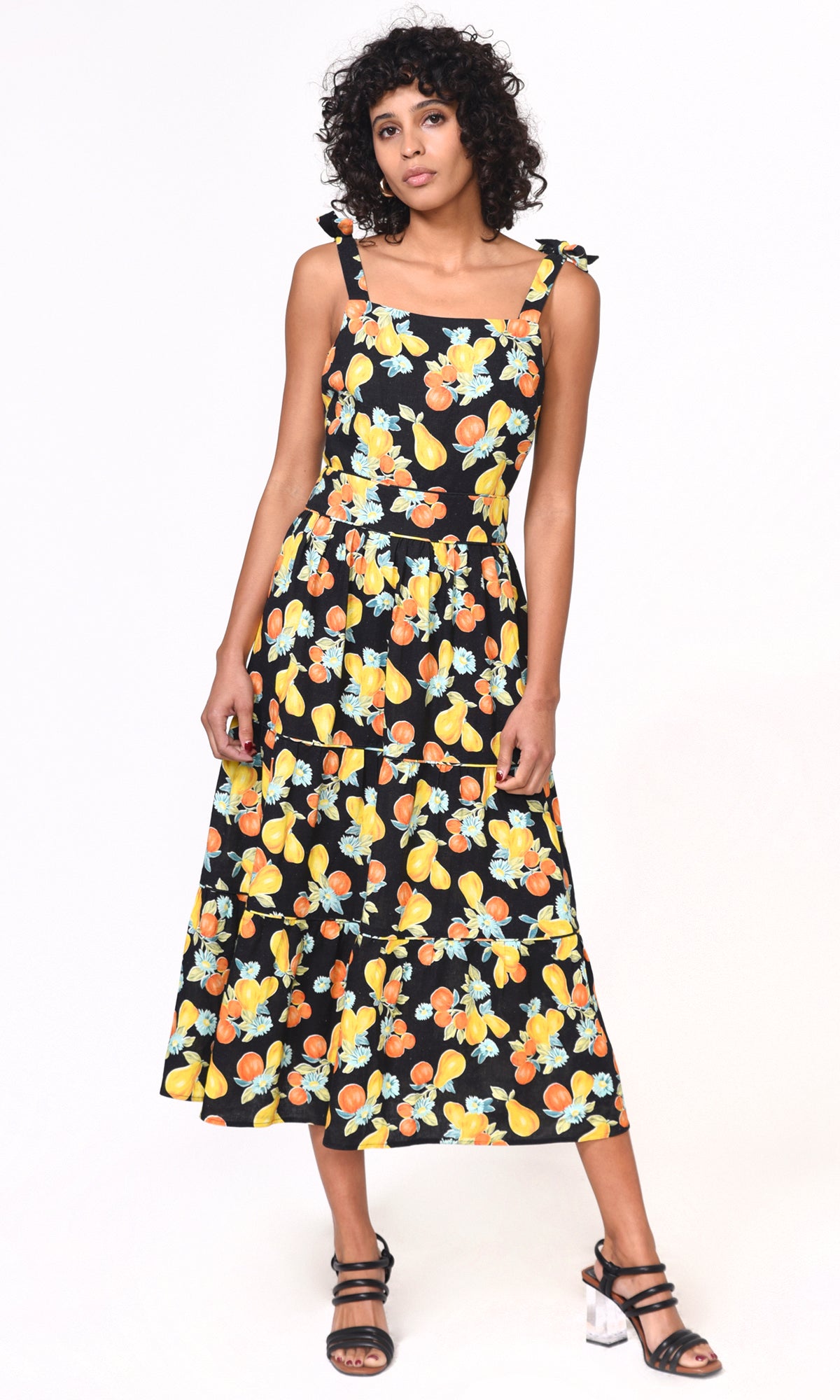Katrina Ecovero Tiered Fruit Tropics Midi Dress - Organic Linen - FINAL SALE