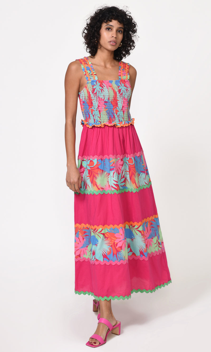 Eisha Contrast Paneled Smocked Midi Dress