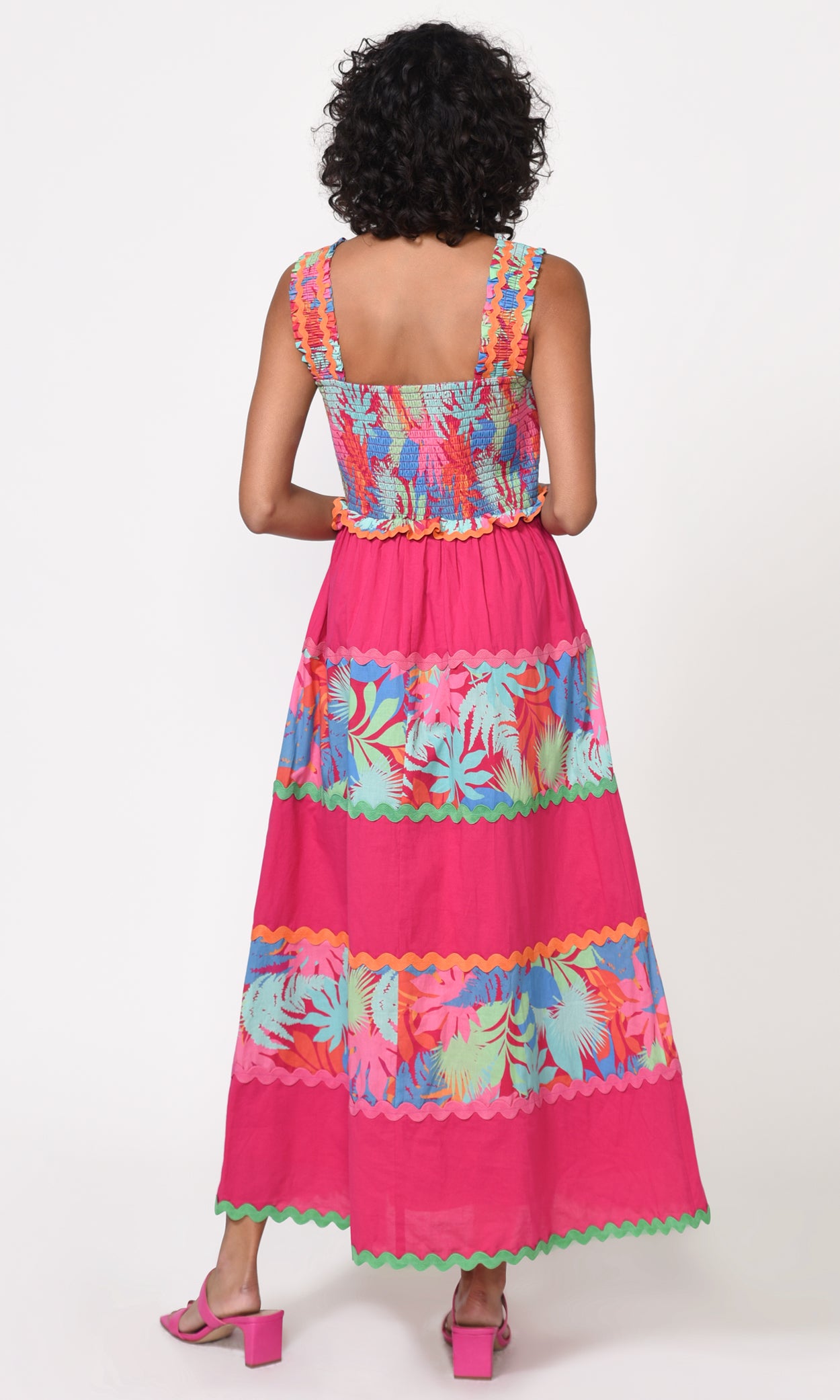 Eisha Contrast Paneled Smocked Midi Dress