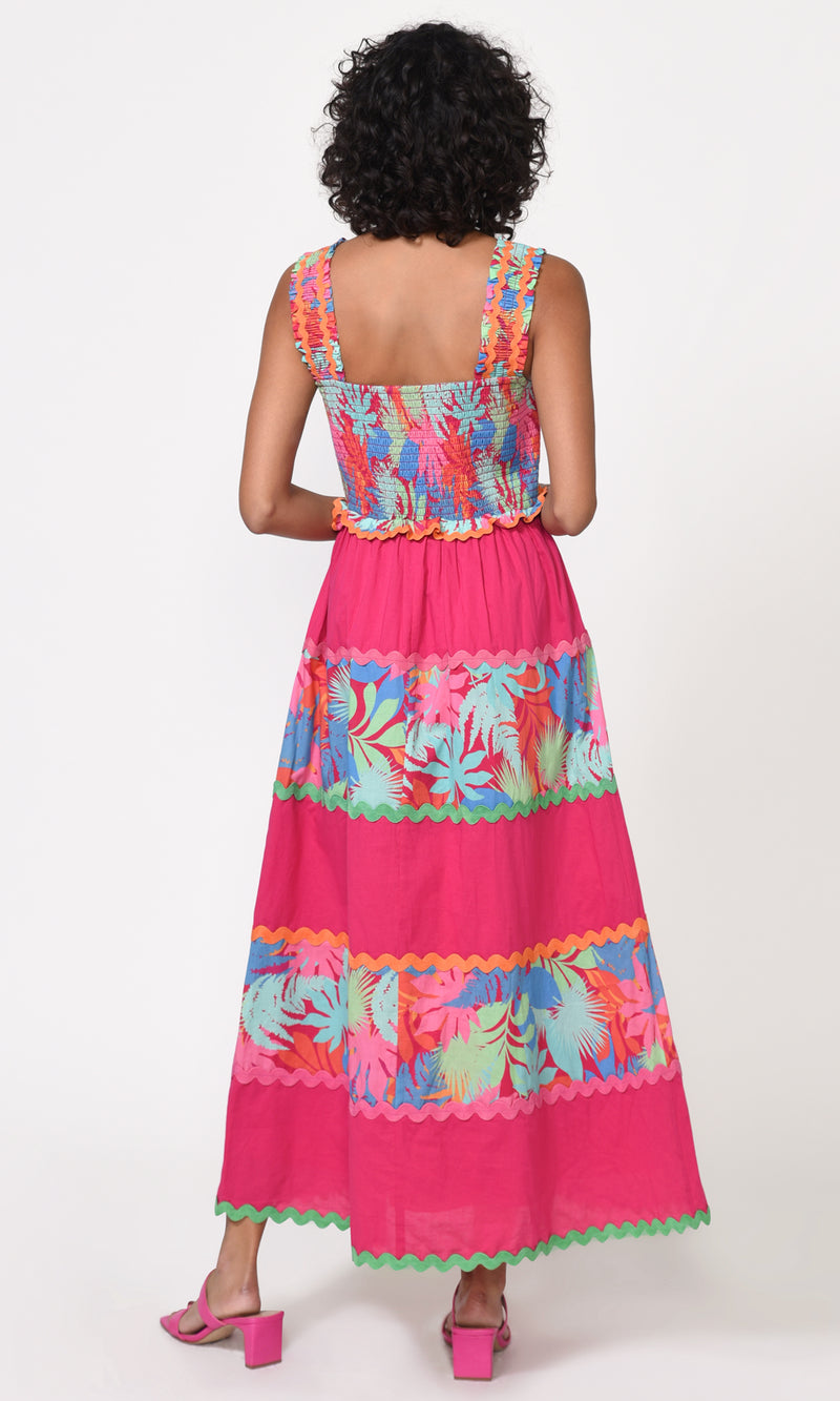 Eisha Contrast Paneled Smocked Midi Dress