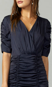 navy ruched sleeve mini party dress