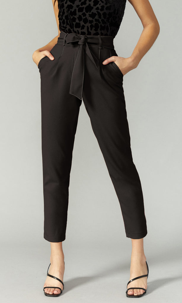 black contrast stitch trouser with tie belt